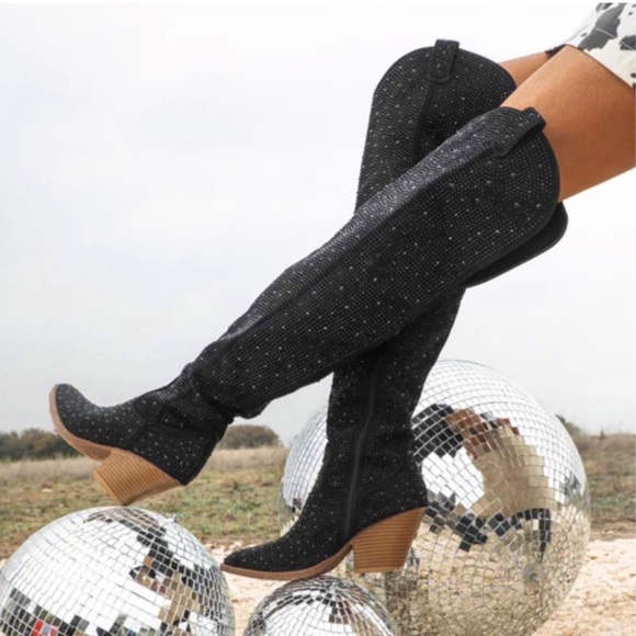 NEW Black Thigh High Western Style Bedazzled Cowboy
Boots - Picture 4 of 13